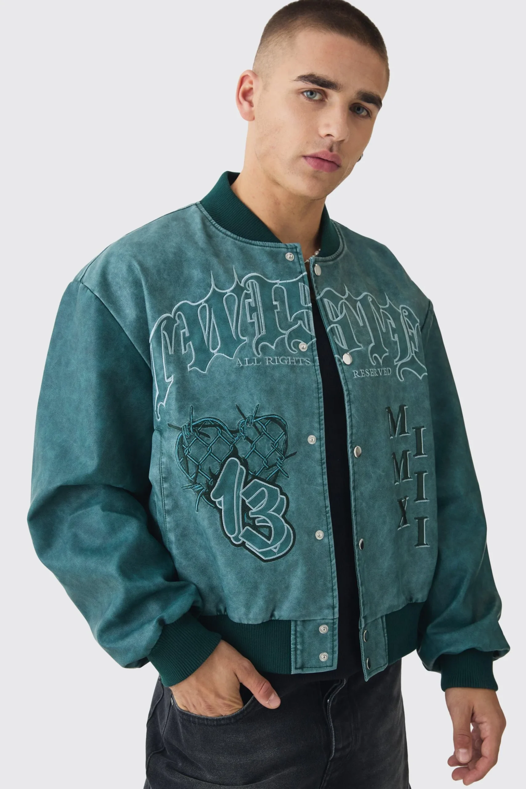 Boxy Tonal Badge Tumbled Pu Varsity Jacket In Blue | BoohooMAN UK