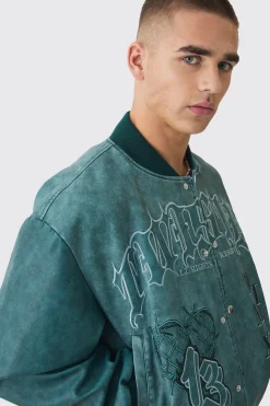 Boxy Tonal Badge Tumbled Pu Varsity Jacket In Blue | BoohooMAN UK