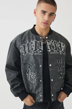 Boxy Tonal Badge Tumbled Pu Varsity Jacket In Black | BoohooMAN UK