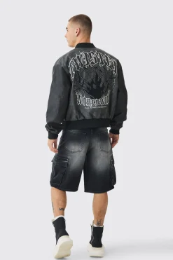 Boxy Tonal Badge Tumbled Pu Varsity Jacket In Black | BoohooMAN UK
