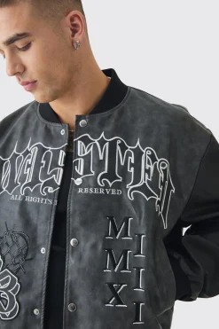 Boxy Tonal Badge Tumbled Pu Varsity Jacket In Black | BoohooMAN UK