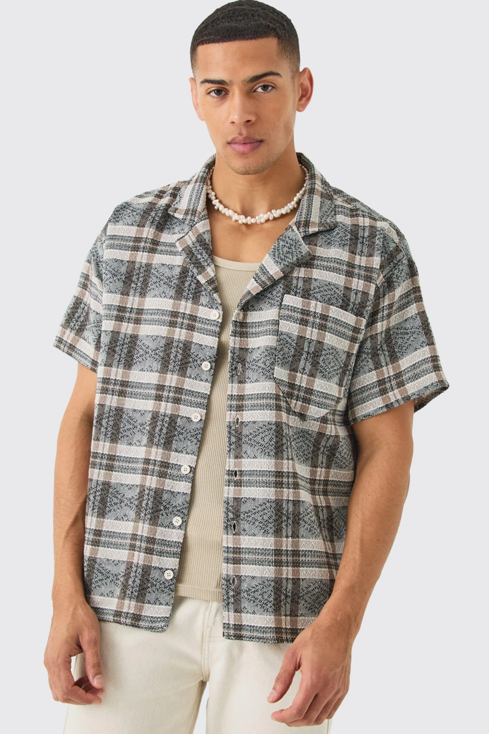Boxy Tonal Textured Check Shirt | BoohooMAN UK