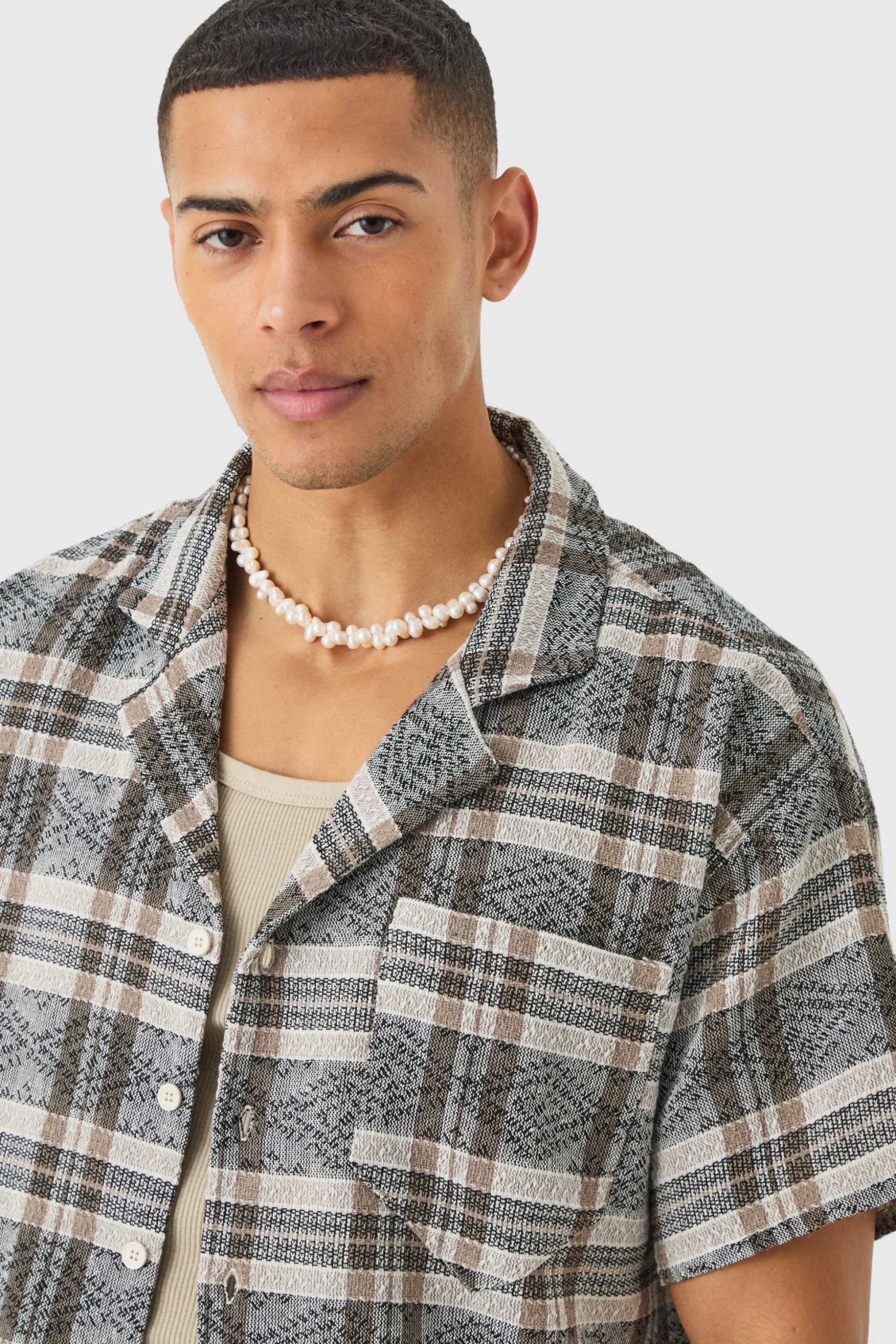 Boxy Tonal Textured Check Shirt | BoohooMAN UK