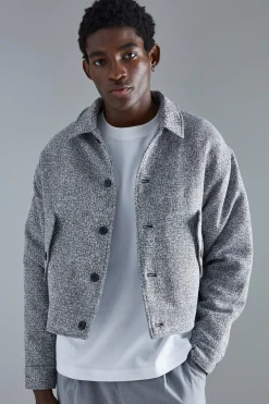 Boxy Tonal Textured Jacquard Harrington | BoohooMAN UK