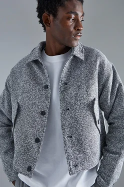 Boxy Tonal Textured Jacquard Harrington | BoohooMAN UK