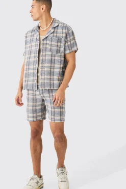 Boxy Tonal Textured Shirt And Short | BoohooMAN UK