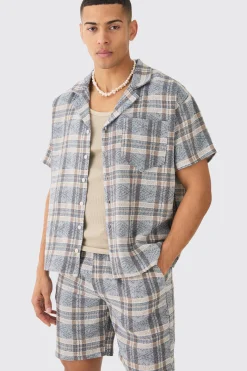 Boxy Tonal Textured Shirt And Short | BoohooMAN UK