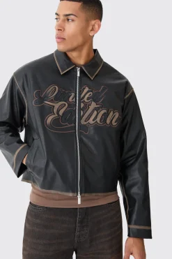 Boxy Tumble Pu Applique Bomber | BoohooMAN UK