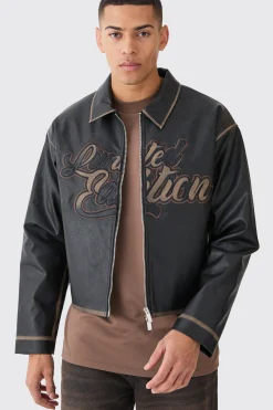 Boxy Tumble Pu Applique Bomber | BoohooMAN UK
