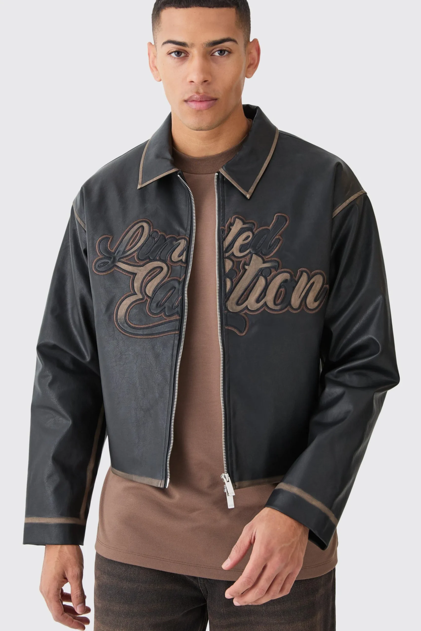 Boxy Tumble Pu Applique Bomber | BoohooMAN UK