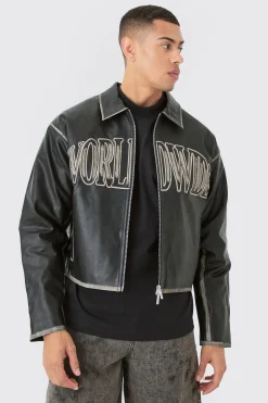 Boxy Tumble Pu Applique Harrington Jacket In Black | BoohooMAN UK
