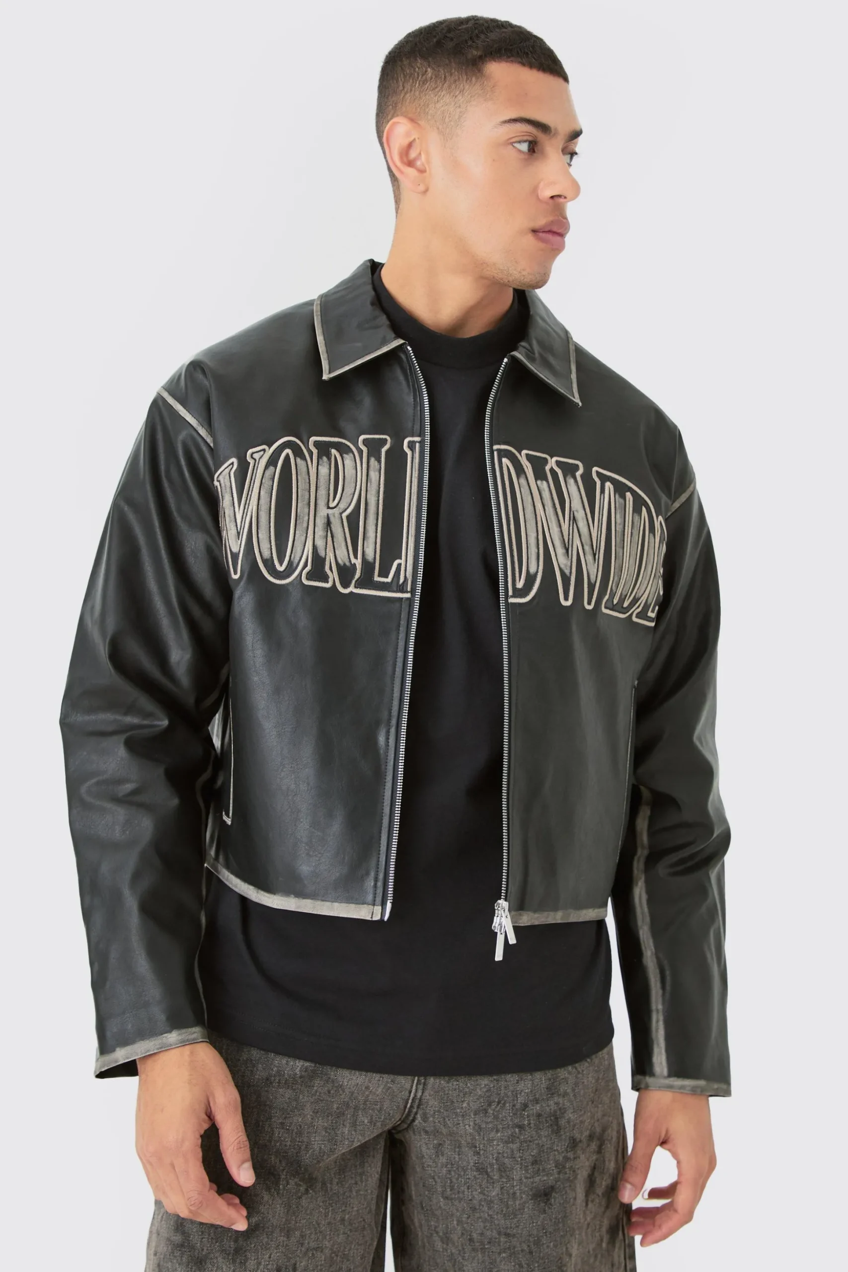 Boxy Tumble Pu Applique Harrington Jacket In Black | BoohooMAN UK