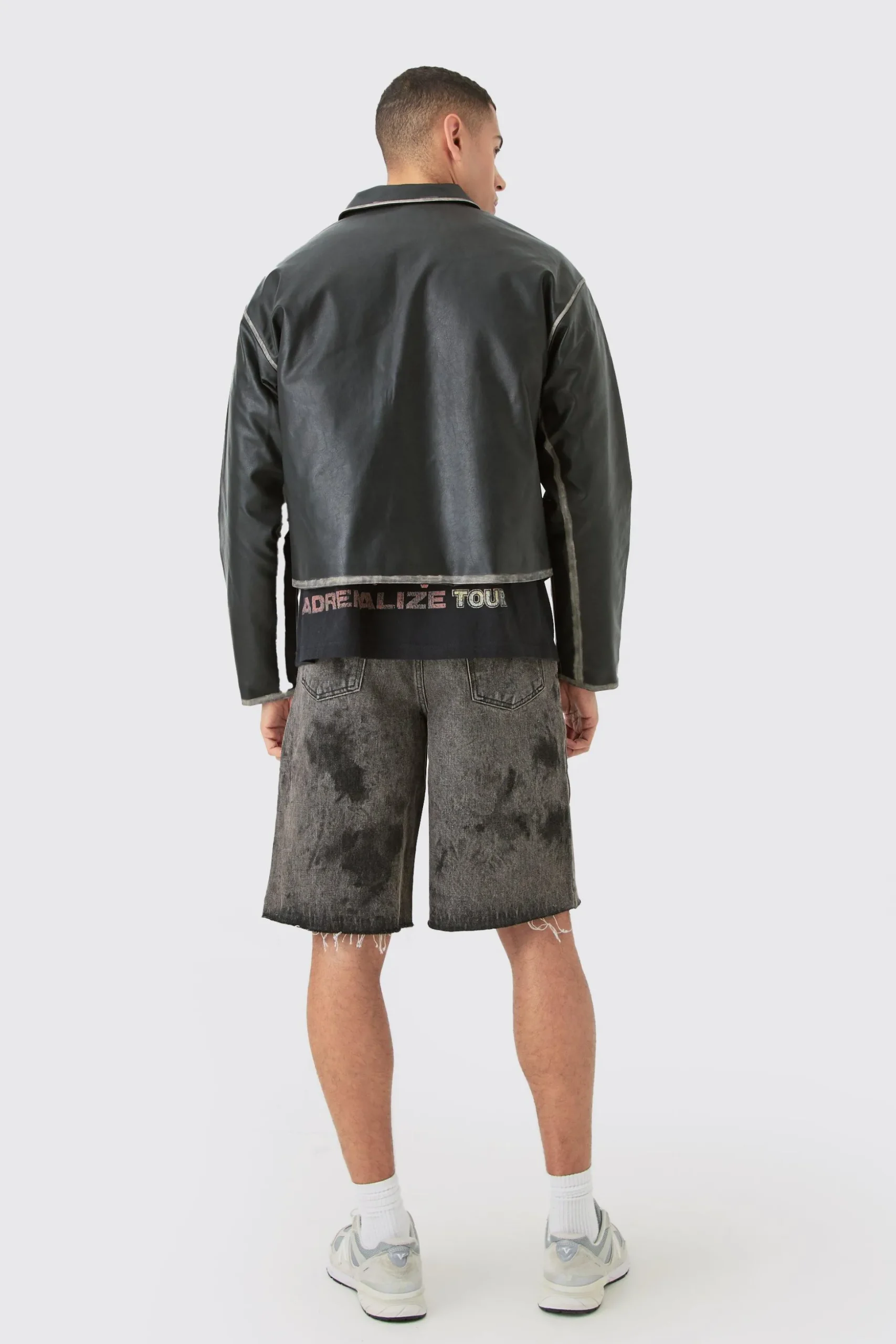 Boxy Tumble Pu Applique Harrington Jacket In Black | BoohooMAN UK