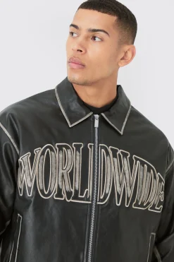 Boxy Tumble Pu Applique Harrington Jacket In Black | BoohooMAN UK