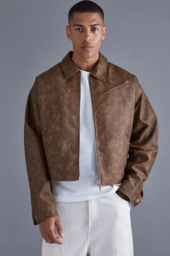 Boxy Tumbled Pu Collared Bomber | BoohooMAN UK