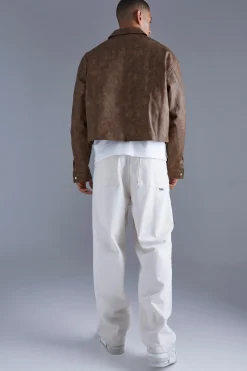 Boxy Tumbled Pu Collared Bomber | BoohooMAN UK