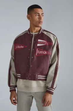 Boxy Tumbled Pu Pannelled Varsity Jacket | BoohooMAN UK