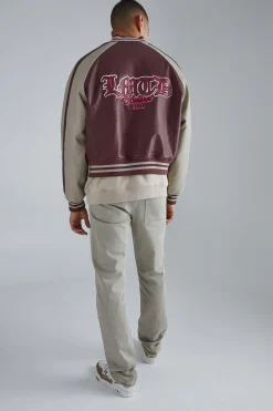 Boxy Tumbled Pu Pannelled Varsity Jacket | BoohooMAN UK