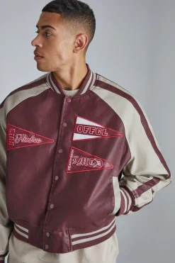 Boxy Tumbled Pu Pannelled Varsity Jacket | BoohooMAN UK