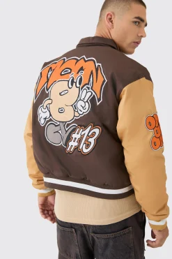 Boxy Twill Embroidered Collared Varsity Jacket In Brown | BoohooMAN UK