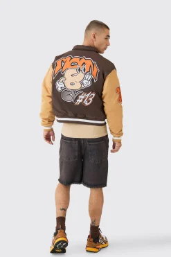 Boxy Twill Embroidered Collared Varsity Jacket In Brown | BoohooMAN UK