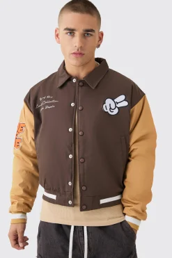 Boxy Twill Embroidered Collared Varsity Jacket In Brown | BoohooMAN UK