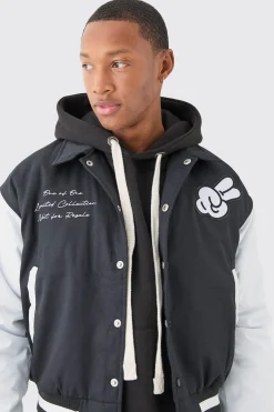 Boxy Twill Embroidered Collared Varsity Jacket In Black | BoohooMAN UK