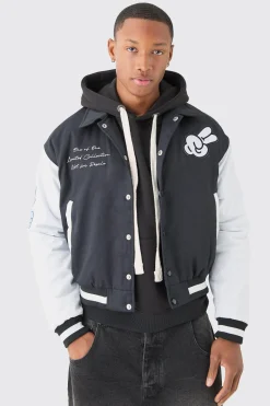 Boxy Twill Embroidered Collared Varsity Jacket In Black | BoohooMAN UK