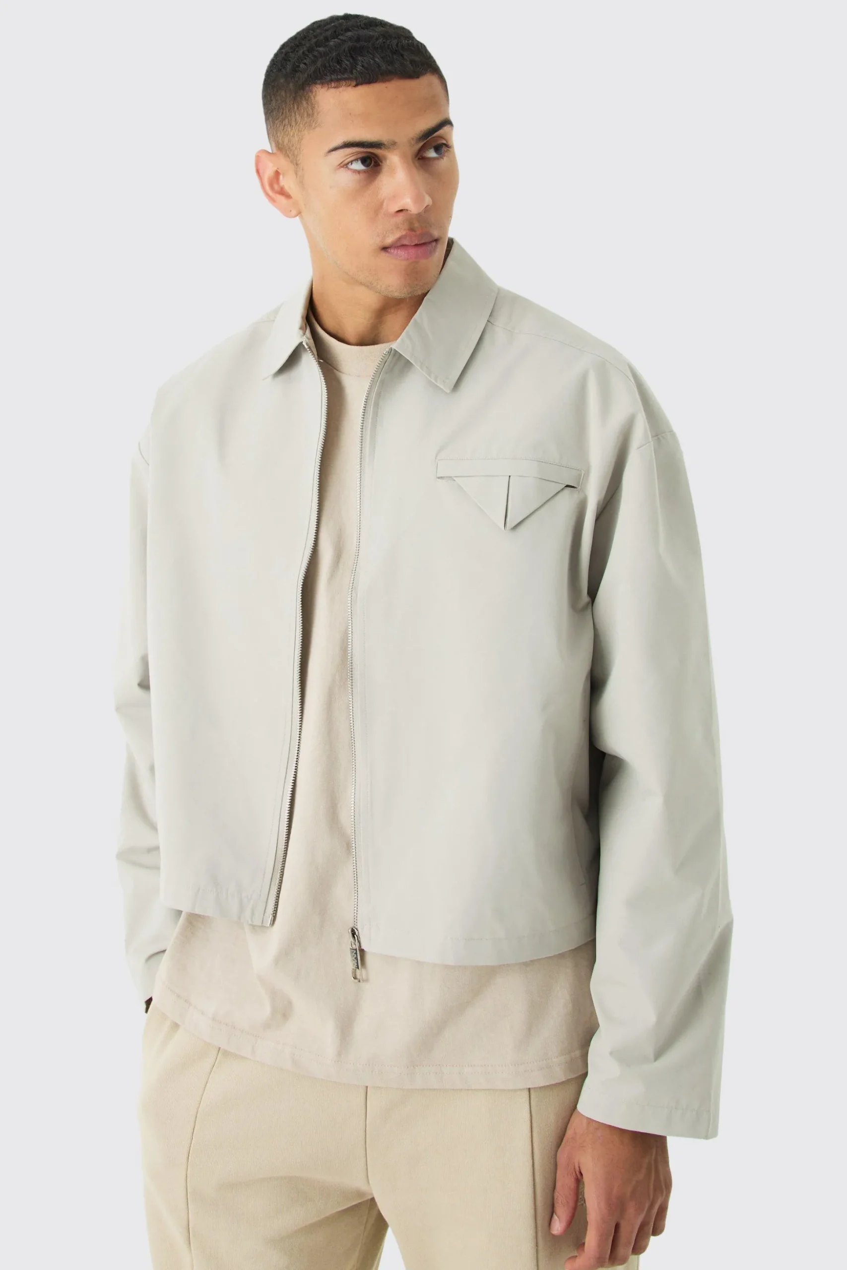 Boxy Twill Harrington Jacket | BoohooMAN UK