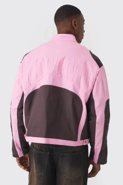 Boxy Twill Homme Moto Jacket In Pink | BoohooMAN UK