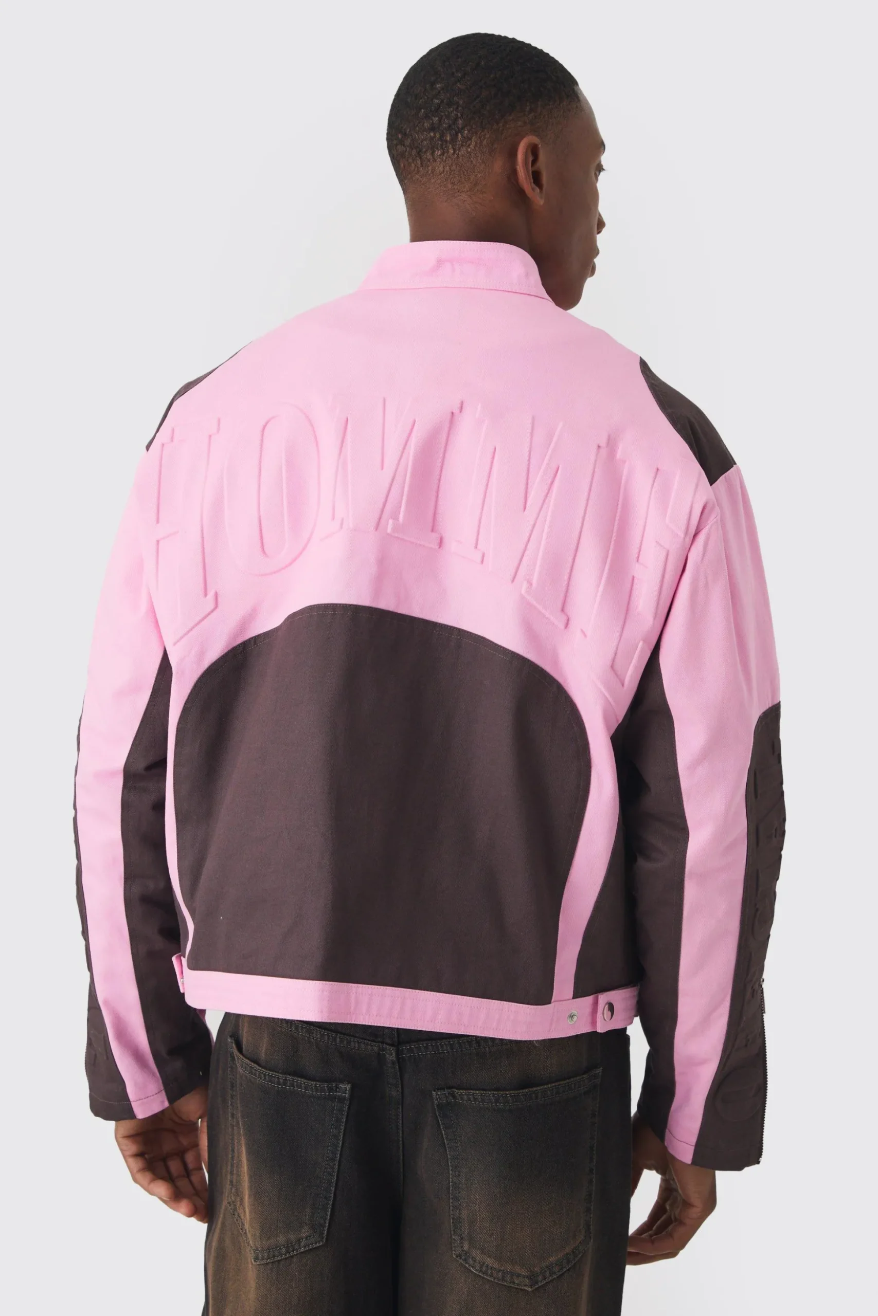 Boxy Twill Homme Moto Jacket In Pink | BoohooMAN UK