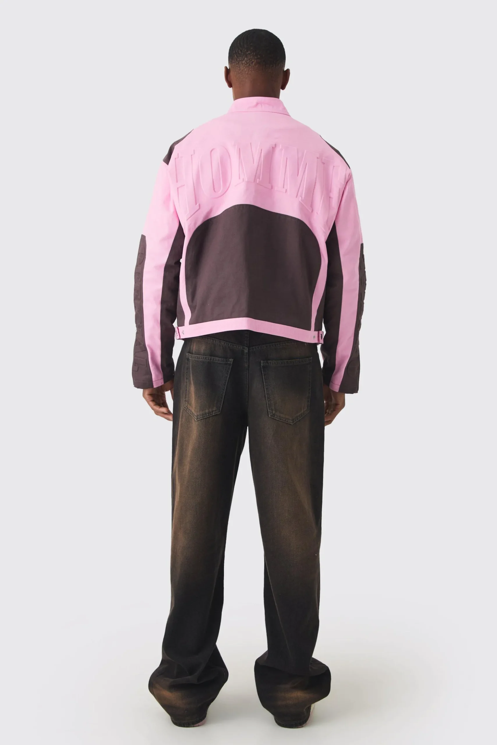 Boxy Twill Homme Moto Jacket In Pink | BoohooMAN UK