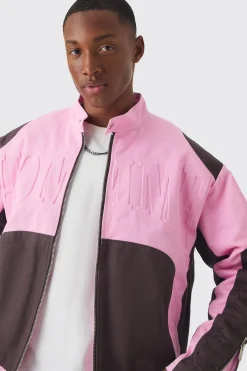 Boxy Twill Homme Moto Jacket In Pink | BoohooMAN UK
