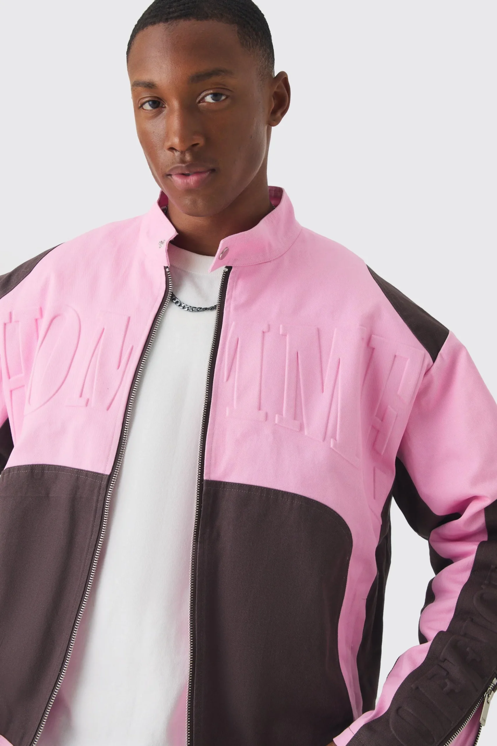 Boxy Twill Homme Moto Jacket In Pink | BoohooMAN UK