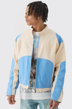 Boxy Twill Homme Moto Jacket In Ecru | BoohooMAN UK
