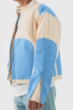 Boxy Twill Homme Moto Jacket In Ecru | BoohooMAN UK