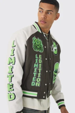 Boxy Twill Limited Badge PU Sleeve Varsity Jacket In Green | BoohooMAN UK