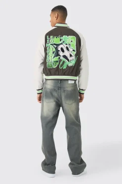 Boxy Twill Limited Badge PU Sleeve Varsity Jacket In Green | BoohooMAN UK