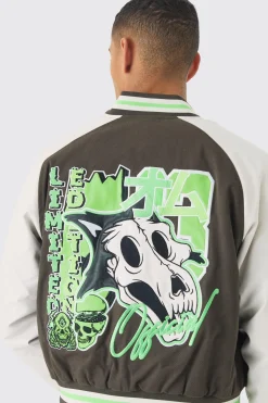 Boxy Twill Limited Badge PU Sleeve Varsity Jacket In Green | BoohooMAN UK