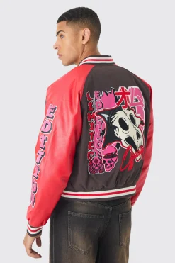 Boxy Twill Limited Badge Pu Sleeve Varsity Jacket In Red | BoohooMAN UK