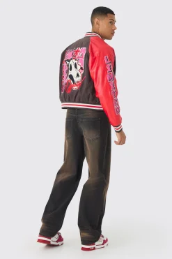 Boxy Twill Limited Badge Pu Sleeve Varsity Jacket In Red | BoohooMAN UK
