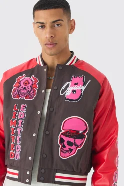Boxy Twill Limited Badge Pu Sleeve Varsity Jacket In Red | BoohooMAN UK