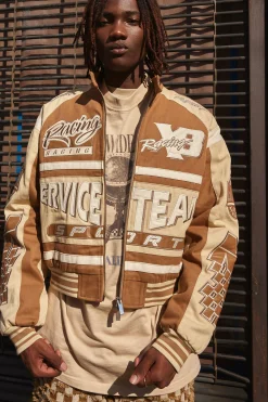Boxy Twill Multi Badge Moto Jacket | BoohooMAN UK