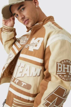 Boxy Twill Multi Badge Moto Jacket | BoohooMAN UK