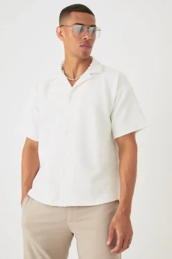 Boxy Twill Revere Collar Shirt In White | BoohooMAN UK