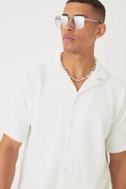 Boxy Twill Revere Collar Shirt In White | BoohooMAN UK