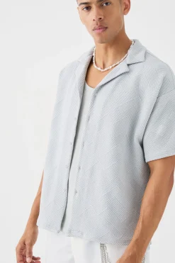 Boxy Twill Revere Collar Shirt In Grey | BoohooMAN UK
