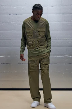 Boxy Utility Mesh Cargo Pocket Vest & Zip Off Trouser Set | BoohooMAN UK