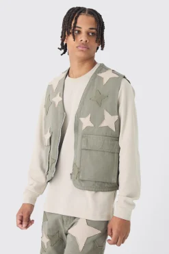 Boxy Utility Star Patchwork Applique Vest | BoohooMAN UK