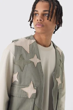 Boxy Utility Star Patchwork Applique Vest | BoohooMAN UK